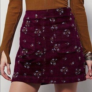 Free People Velvet Floral Maroon Side Button Mini Skirt Size 2 Small